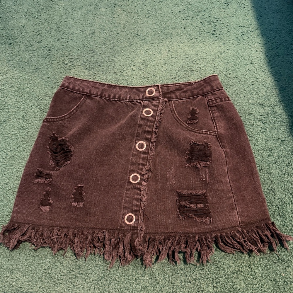 Frayed Hem Distressed Black Jean Skirt
